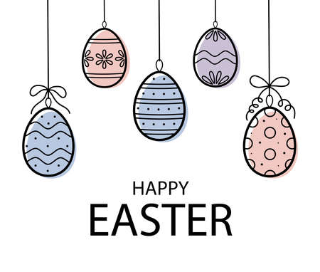 Easter greeting card with eggs with ornament and soft colored accents. Happy Easter. Hand drawn doodle sketch style. vector illustration.のイラスト素材
