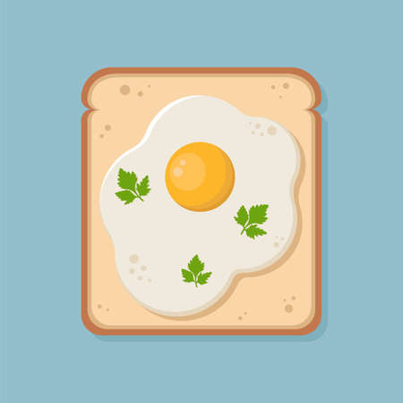 Sandwich with Fried egg. Toast with scrambled eggs on slice of bread. Healthy breakfast. Omelet. Vector illustration in flat style.のイラスト素材
