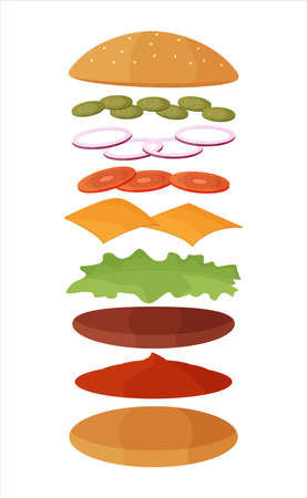 Burger ingredients set. Bun, cutlet, tomatoes, cucumbers, onions, cheese, ketchup and lettuce. Vector illustration of flat icons on white background.のイラスト素材