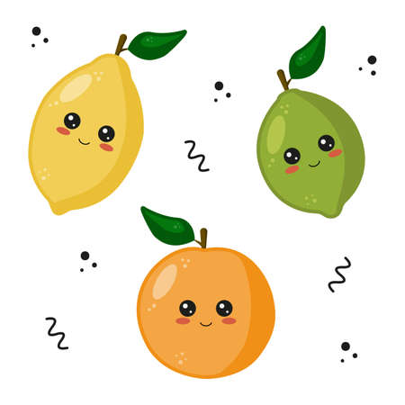 Kawaii citruses. Cute cartoon fruits with funny kawaii faces. Lemon, orange and lime. Vector illustration in flat style isolated on white background.のイラスト素材