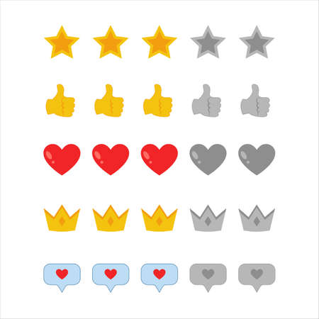 Rating icons. Vector set of symbols in a simple flat style for assessing the quality of products and services. A set of elements such as stars, hearts, crowns, big thumbs up.のイラスト素材