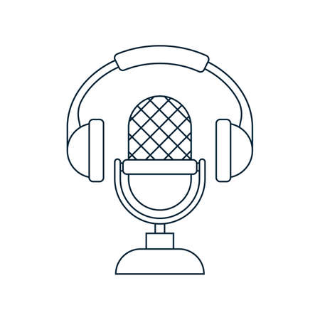 Podcast icon. Microphone and headphones. outline symbol. Vector illustration in sketch style isolated on white background.のイラスト素材