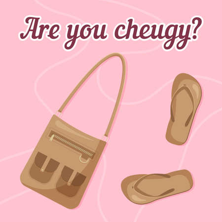 Are you cheugy? Flip flops and bag with pockets are cheuglife elements. New trendy teens millennial quotes. Opposite of trendy. vector illustration.のイラスト素材