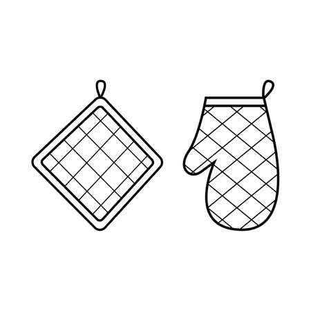 Kitchen oven mitt and potholder. Isolated vector illustration in linear style.のイラスト素材