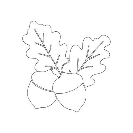 acorn. Vector illustration of acorns with oak leaves. continuous one line drawing. line art. minimalist.のイラスト素材