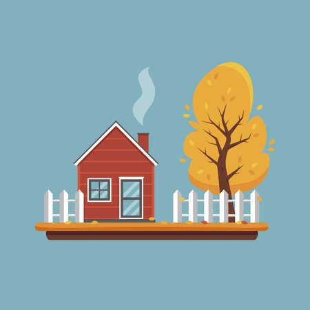 autumn landscape. Red house, fence and tree with falling leaves. Autumn season in the village. countryside life. Vector illustration in flat cartoon style.のイラスト素材