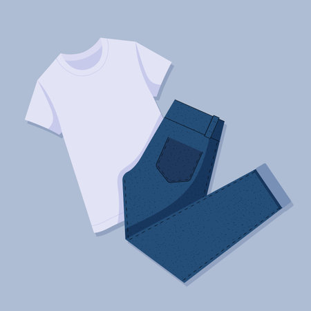 White T-shirt and blue jeans. Womens casual outfit ideas flat lay. trendy look. view from above. Vector illustration in flat cartoon style.のイラスト素材