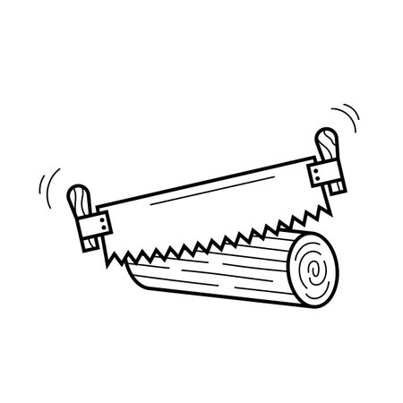 Manual saw cutting wooden timber. Hand drawn icon in sketch doodle style. Isolated vector illustration.のイラスト素材