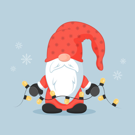 Christmas little gnome holding garland. Vector illustration in flat cartoon style.のイラスト素材