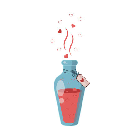 Love potion. The drink that makes you fall in love with yourself. Bottles of Magic elixir. Red Liquid in glass jar in cartoon style. Vector illustration in flat style.のイラスト素材