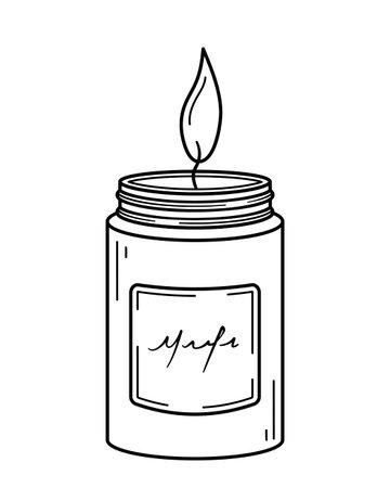 Burning aroma candle in glass jar. Modern decor for home, aromatherapy, relaxation. hand drawn sketch icon. Isolated vector illustration in doodle line style.のイラスト素材