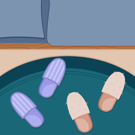 Women's and men's slippers on the carpet by the bed. Vector illustration in flat cartoon style.のイラスト素材