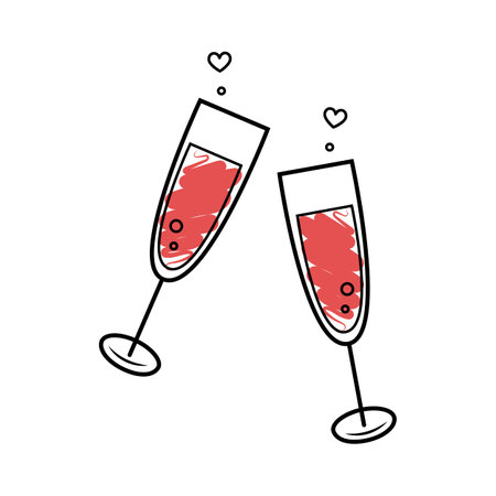 Valentine's day. Glass of champagne icon. Hand-drawn sketch style. Celebration, holidays, toast concepts. Isolated Vector illustration in doodle style.のイラスト素材