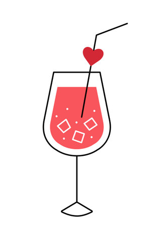 Pink cocktail with ice cubes and valentine's day decoration. Hand drawn icon of celebratory drink in a glass in sketch doodle style. Isolated vector illustration.のイラスト素材