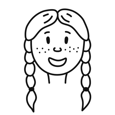 Doodle portrait young girl with pigtails. Hand drawn person avatar. Isolated vector illustration.のイラスト素材
