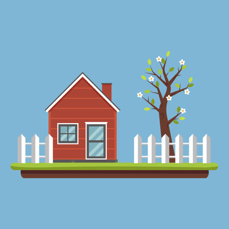 spring landscape. Red house, fence and flowering tree with leaves. Spring season in the village. countryside life. Vector illustration in flat cartoon style.のイラスト素材