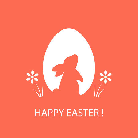 Happy Easter! Silhouettes of rabbit and eggs with spring flowers. Easter greeting card on red background. minimalist design. vector illustration.のイラスト素材