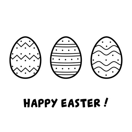 Happy Easter! Greeting card with three decorated eggs. Vector illustration in doodle line style.のイラスト素材