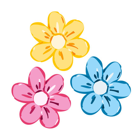 Set of colorful hand drawn summer flowers. Cute yellow, blue and pink decorative botanical elements. Flat vector illustration.のイラスト素材