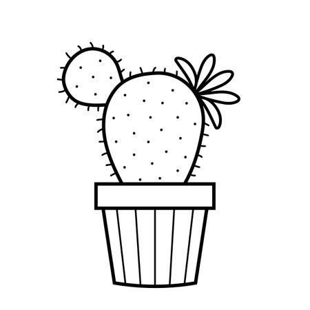 Cute cactus with flower in pot. Houseplant for home decoration in doodle sketch style. Vector illustration isolated on white background.のイラスト素材
