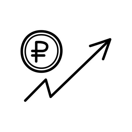 Russian ruble. currency growth. financial and economic concept. Hand drawn sketch icon of coin with the ruble symbol and up arrow. Isolated vector illustration in doodle line style.のイラスト素材