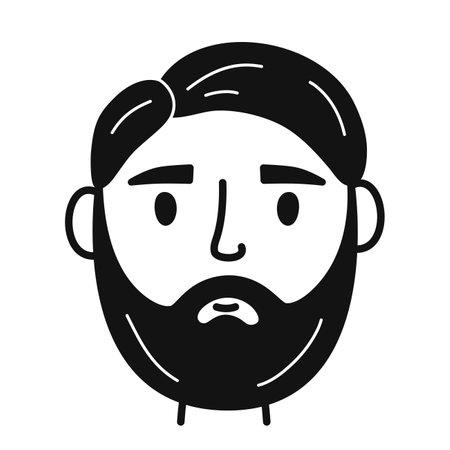 Face of man. Male brutal character with beard in hand drawn doodle style. Vector illustration isolated on white background.のイラスト素材