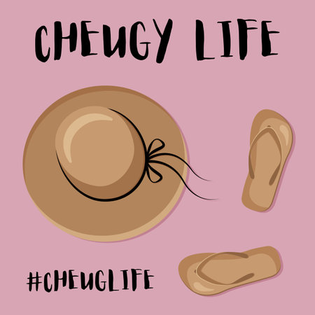 Cheugy life. Brimmed hat and flip flops are cheuglife elements. Millenial trends. Quotes about old-fashioned and untrendy stuff. Vector illustration.のイラスト素材