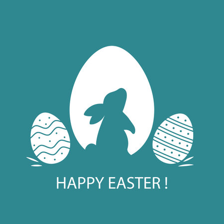 Happy Easter. Postcard with bunny silhouette, and decorated eggs. Modern minimalist style. Vector flat illustration.のイラスト素材