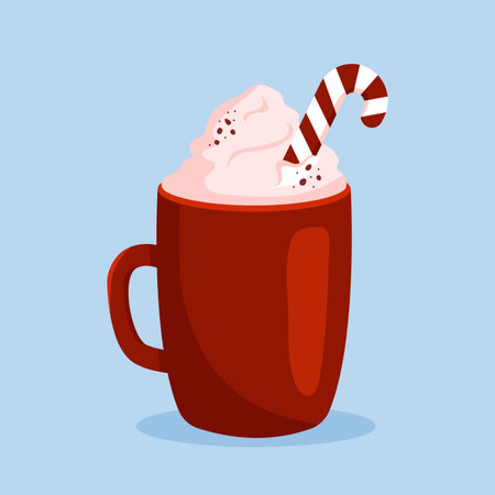 Hot chocolate or coffee with whipped cream and christmas striped candy cane. Vector illustration in flat cartoon style isolated on blue background.のイラスト素材