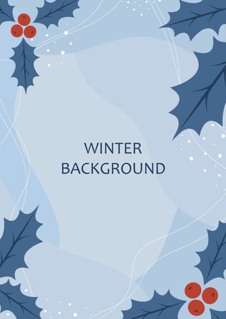 Winter background. Abstract design with holly berries and leaves. Banner universal template. Vector illustration in flat cartoon style.のイラスト素材