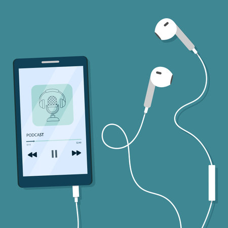 Podcast on mobile phone screen with headset. Vector illustration in flat cartoon style.のイラスト素材