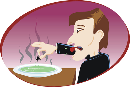 Man eat disgusting soup with flyのイラスト素材