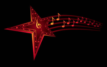 Neon star with music notes isolated on blackのイラスト素材