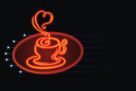 Hot cup with steam in heart shape on red neonの写真素材