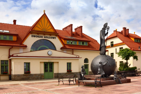 Monument of Saint Nicholas in front of railway station, in Rabka Zdroj, Polandのeditorial素材