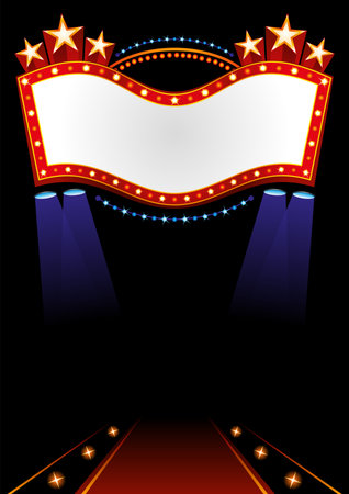 Glowing neon sign with spootlight over illuminated catwalk with red carpetのイラスト素材