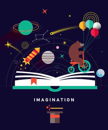 Imagination concept with opened bookのイラスト素材