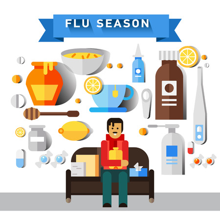 Flat vector icon set of cold and flu seasonのイラスト素材
