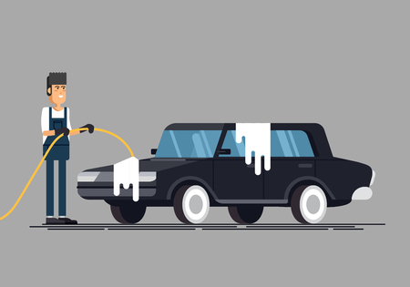 Worker washing a car at the carwash.のイラスト素材