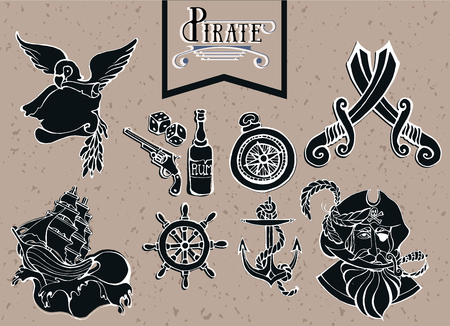 Hand drawing icons set and silhouette pirate adventureのイラスト素材
