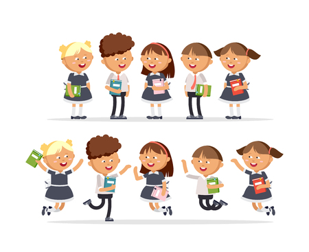 Group of elementary school students. Boys and girls dressed in school uniforms are holding textbooks. Happy pupils are jumping against a white background. Vector illustration in cartoon styleのイラスト素材