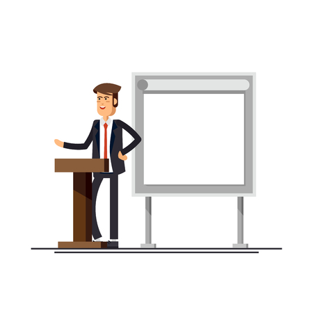 Simple and trendy vector concept design on male office worker giving presentation. Friendly businessman standing next to blank presentation screen holding pointer and smilingのイラスト素材