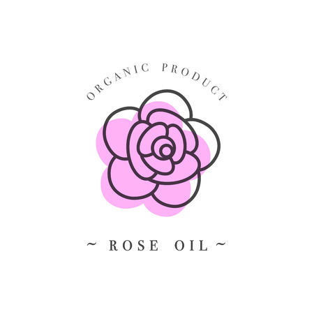 Vector set of packaging design templates and emblems in linear style - beauty and cosmetics oils - argan, rose, almond and tea treeのイラスト素材