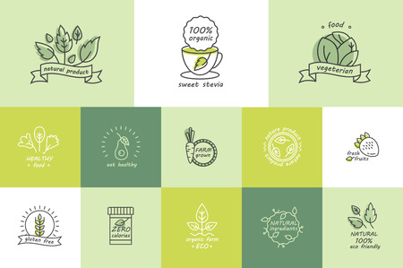 Vector set of organic products labels and badges - collection of different icons and illustrations related to fresh and healthy foodのイラスト素材