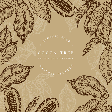 Cocoa bean tree design template. Engraved style illustration. Chocolate cocoa beans. Vector illustrationのイラスト素材