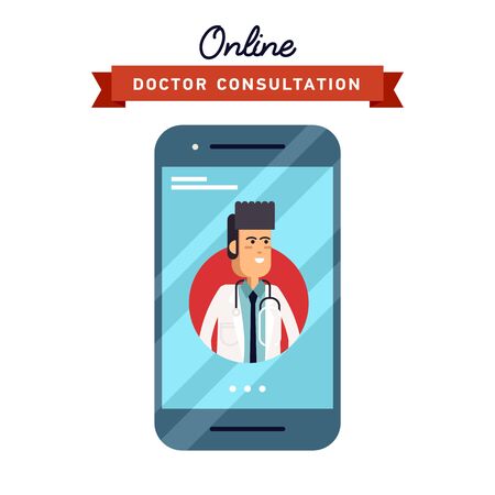 Vector illustration of concept of form design mobile phone with male medical assistance and doctor consultation online featuring. Medical application for smartphoneのイラスト素材