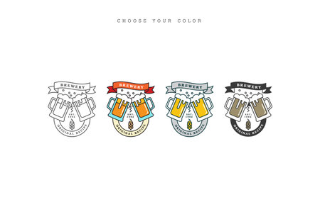 Linear brewery logos. Labels with glass of beer and hops. Vintage craft beer retro design elements, emblems, symbolsのイラスト素材