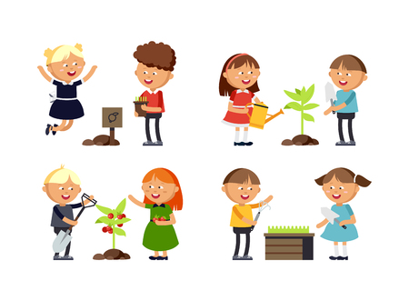 happy boy and girl doing garden design setのイラスト素材