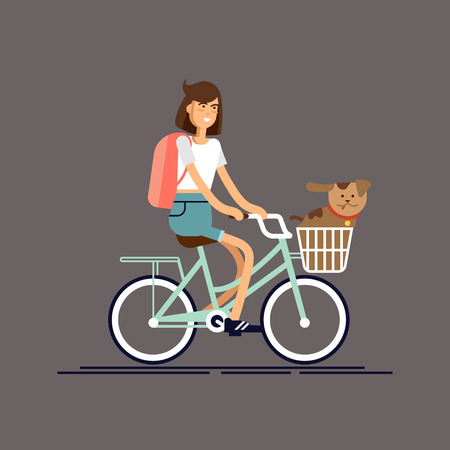Girl rides bike with dogのイラスト素材