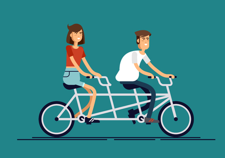 Cool vector flat design happy young man and woman characters couple riding tandem bicycle isolated. Young hipsters coupleのイラスト素材